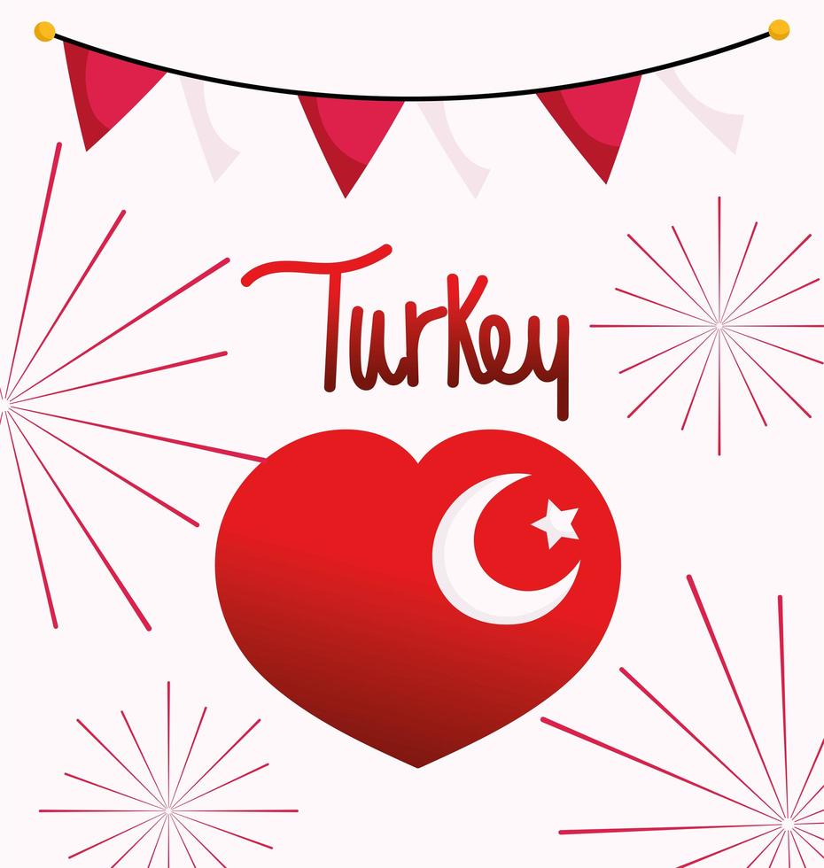 día de la república de turquía, bandera nacional en forma de corazón tarjeta de banderines de fuegos artificiales vector