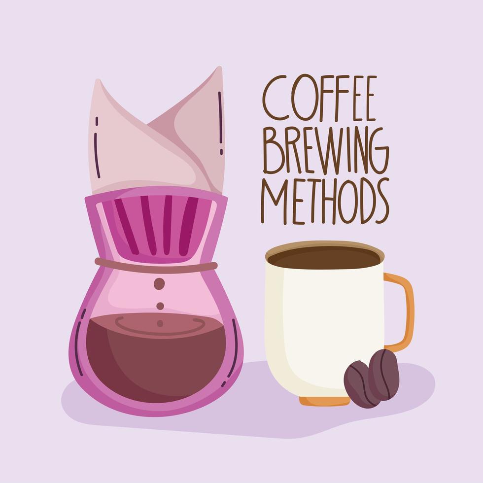 coffee brewing methods, drip coffee maker cup and dry seeds vector