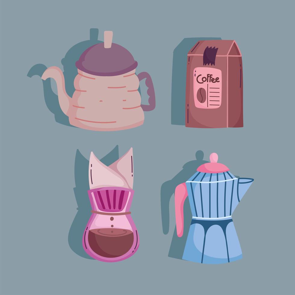 coffee brewing methods, drip coffee maker moka pot kettle and pack vector
