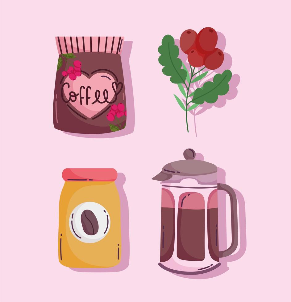 coffee brewing methods, kettle pack container glass and grains vector