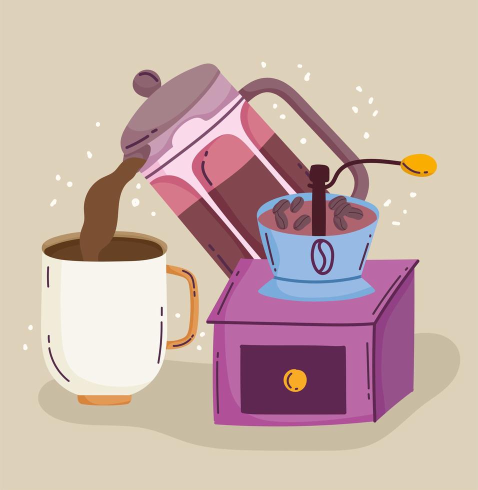 coffee brewing methods, kettle pouring in cup and grinder manual vector