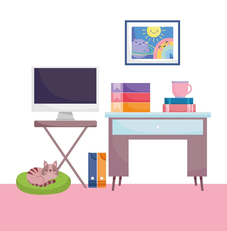 home office workplace computer screen table binder books coffee cup and cat vector