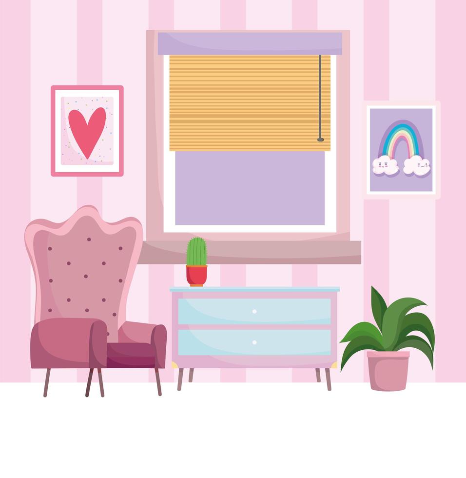 home workplace chair drawer potted plants picture in wall and window vector