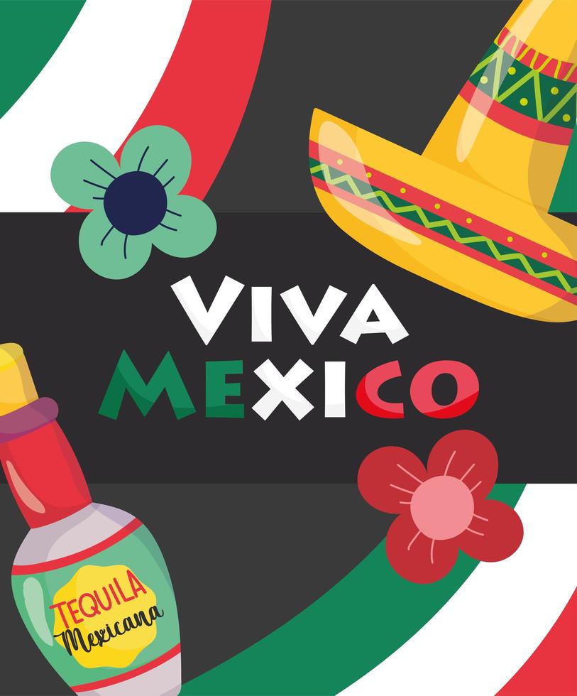 mexican independence day, bottle tequila flowers and hat, viva mexico is celebrated on september vector