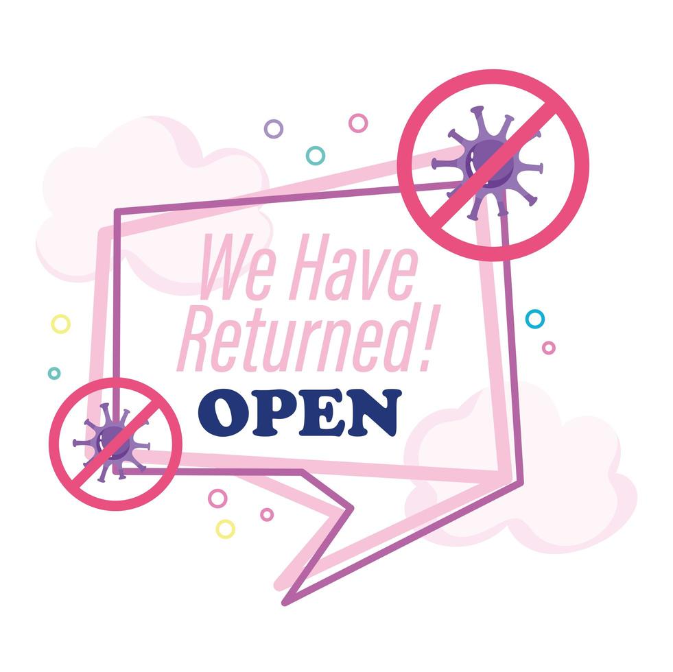 reopening, lettering we have returned open, speech bubble clouds, coronavirus covid 19 vector