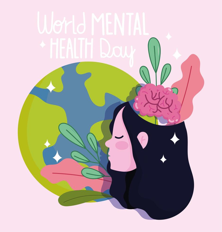 world mental health day, girl with planet brain leaves in head cartoon vector
