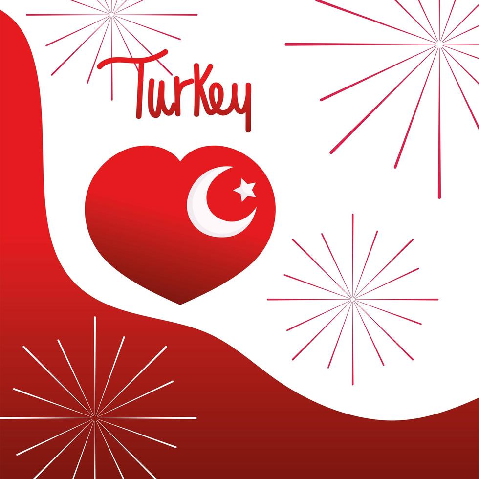 turkey republic day, heart flag national fireworks celebration vector