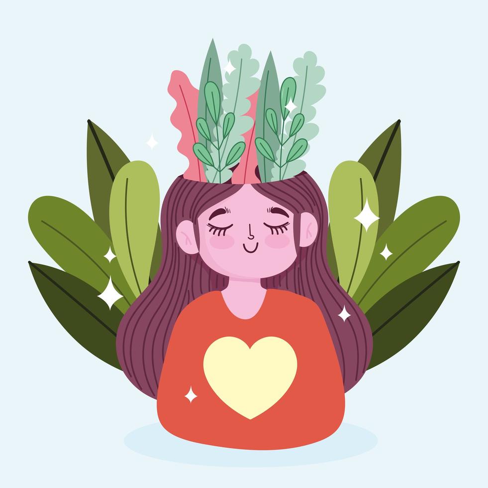 world mental health day, happy girl with foliage nature in head vector