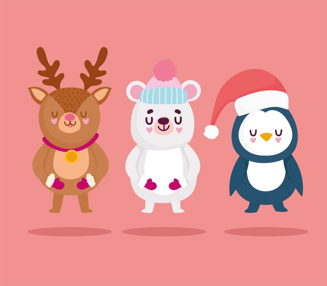 feliz navidad, lindo oso pingüino reno animales tarjeta de celebración vector