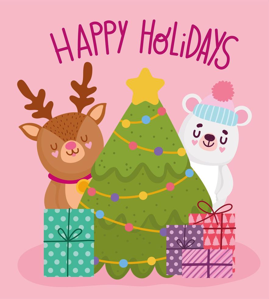 merry christmas, cute bear reindeer tree gifts celebration, happy holidays card vector