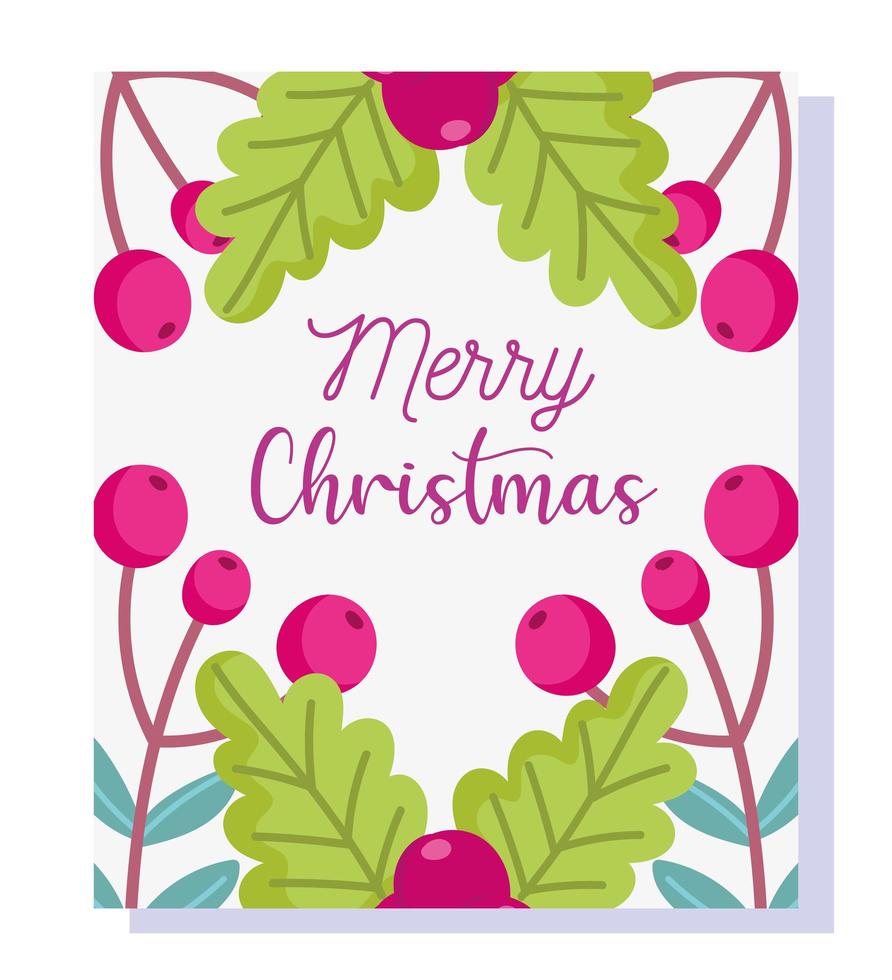 merry christmas, holly berry leaves decoration greeting card vector