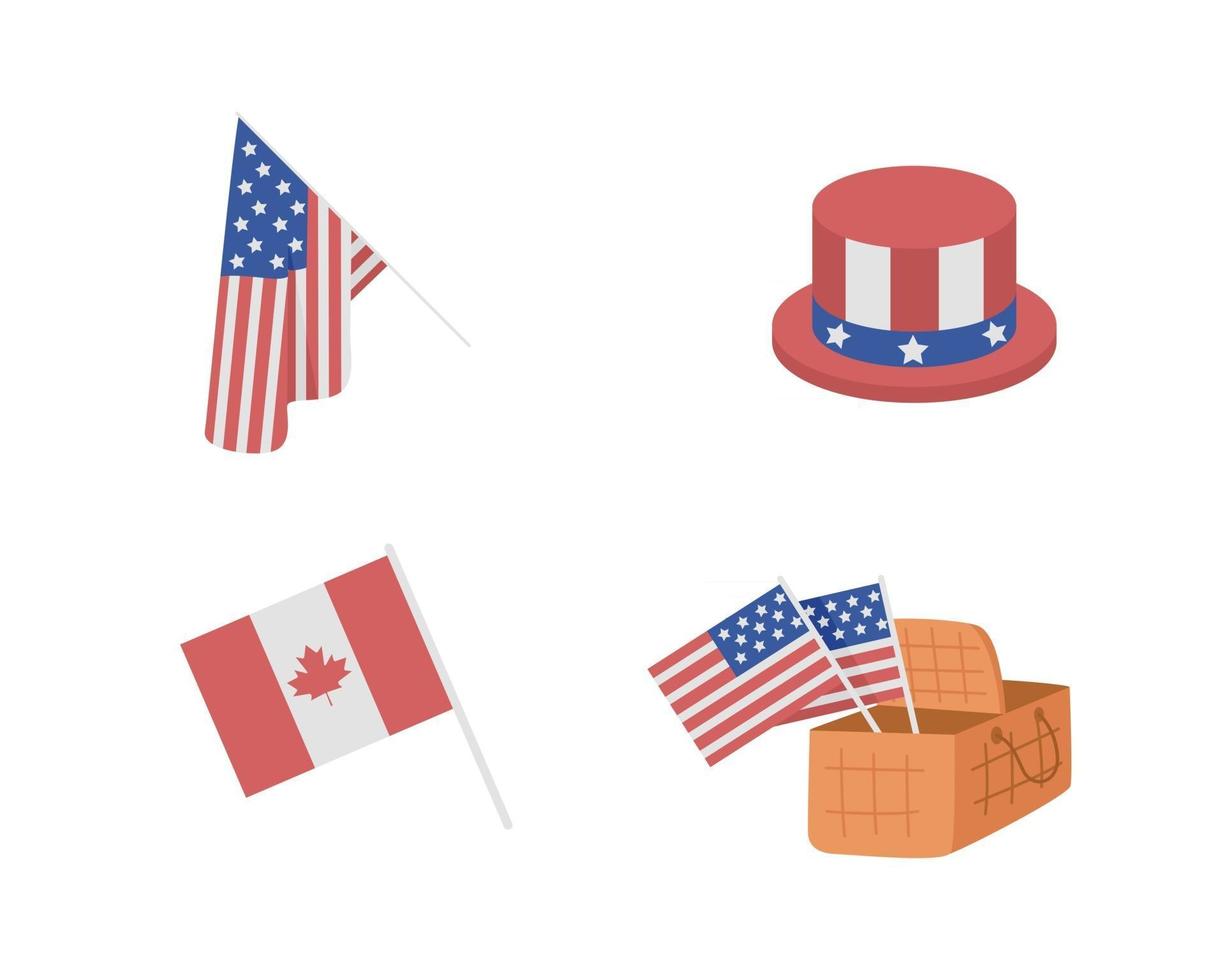 Patriotic attributes for American Independence day flat color vector items set