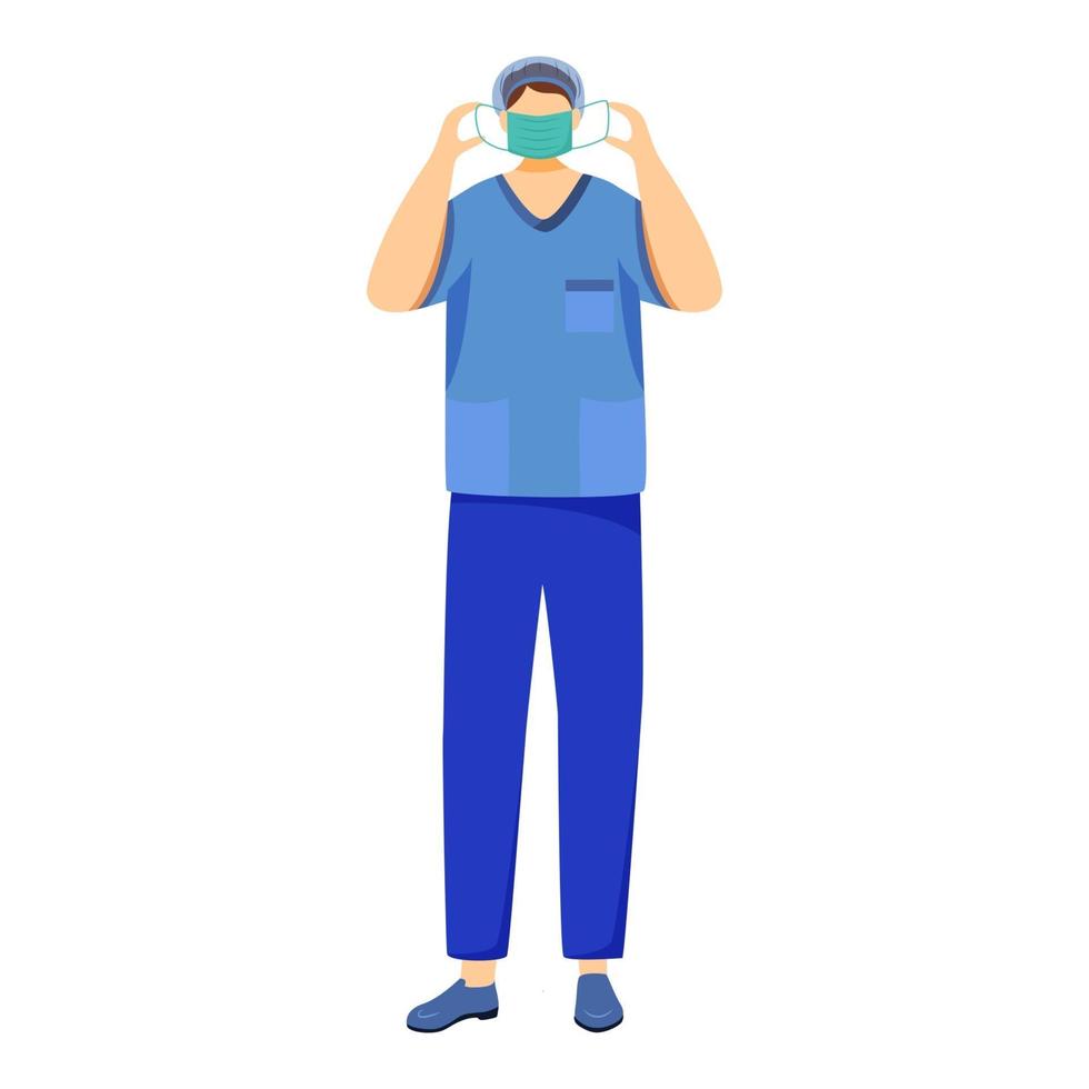 Surgeon flat vector illustration. Doctor in medical mask. Physician, therapist, medical worker cartoon character. General practitioner in blue uniform. Medic preparing for operation isolated on white