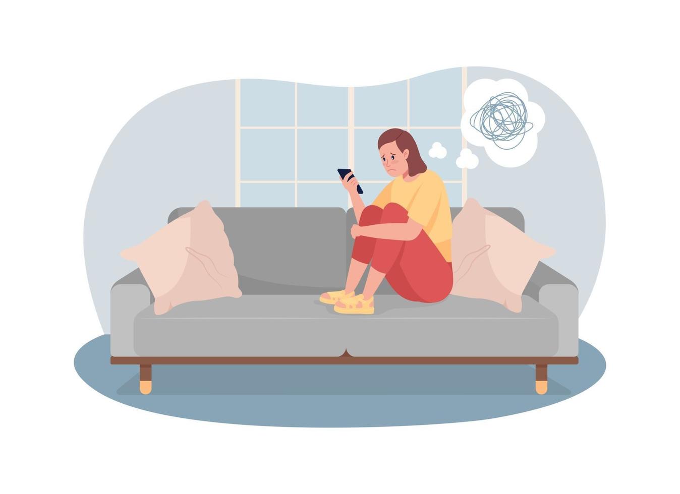 Unhappy teen girl look at phone screen 2D vector isolated illustration