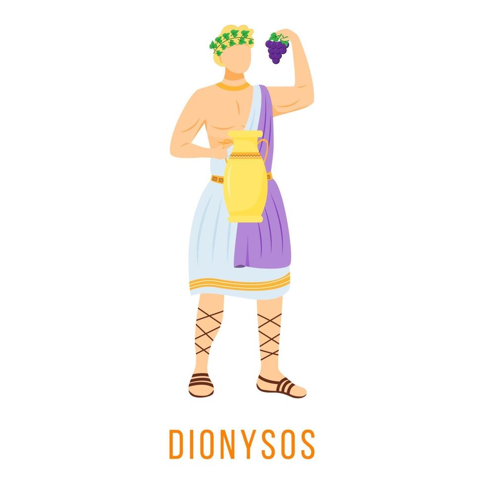Dionysos flat vector illustration. Dionysus. God of wine and grape harvest. Ancient Greek deity. Mythology. Divine mythological figure. Isolated cartoon character on white background