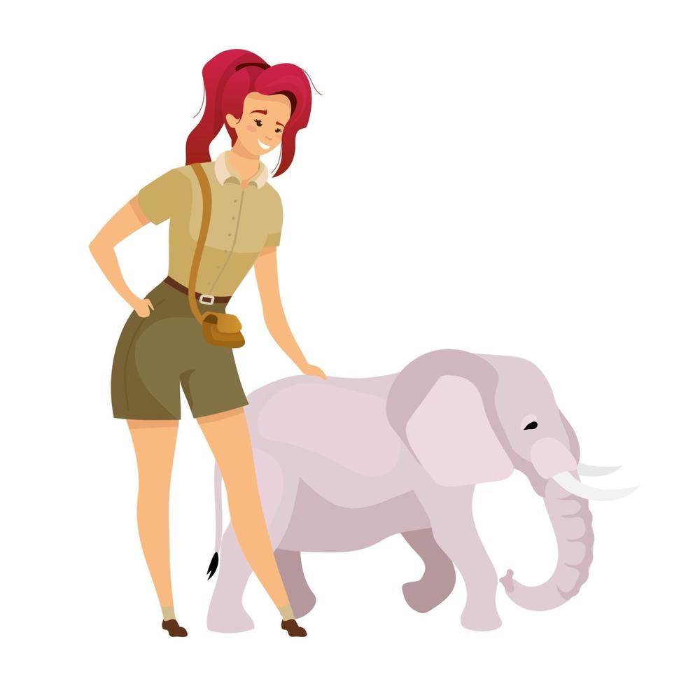 turista con elefante ilustración de vector de color plano. turista tocando bebé mamífero. viaje a la sabana. criatura sudafricana. mujer personaje de dibujos animados aislado sobre fondo blanco