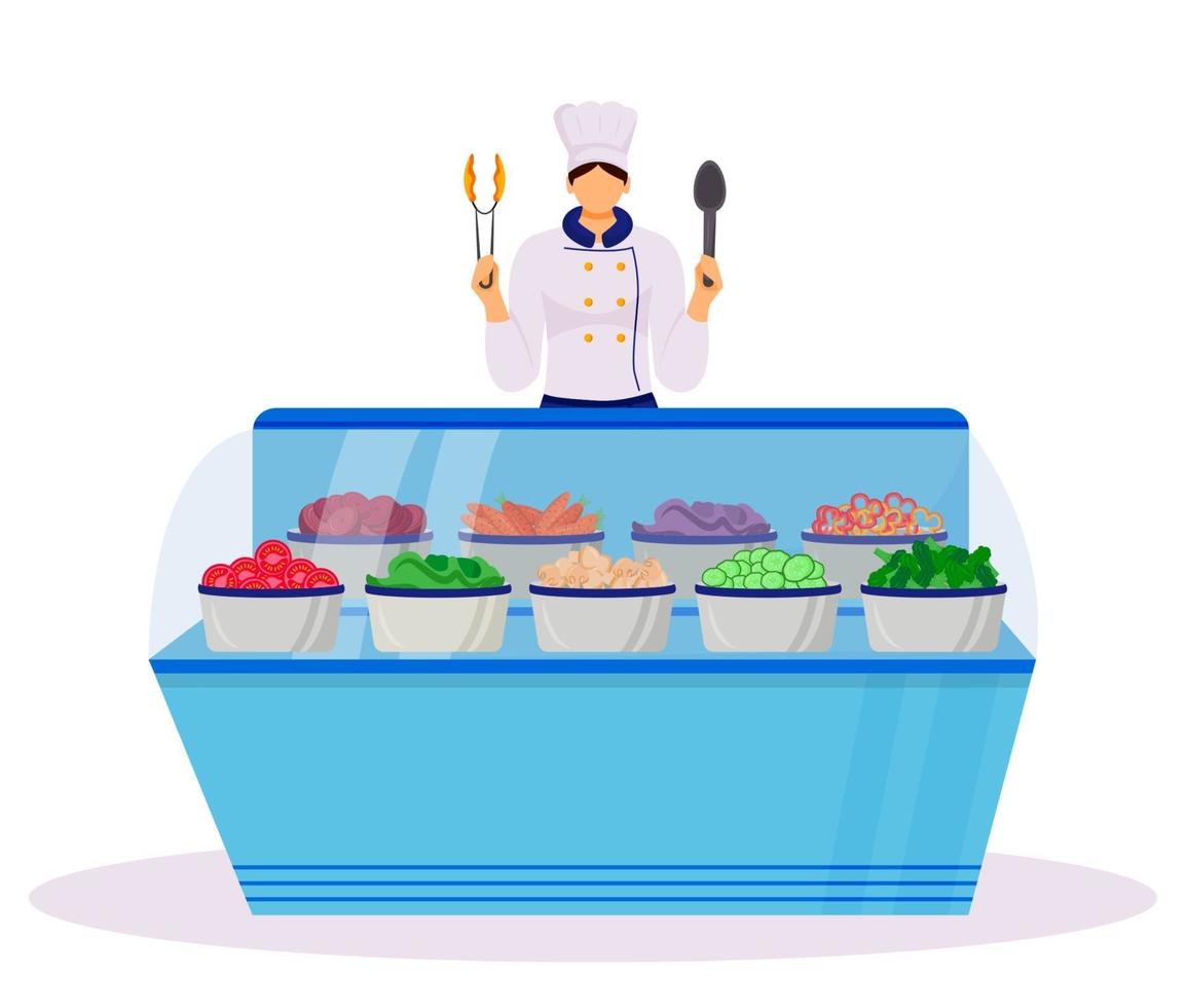 Ilustración de vector de color plano de mezcla heterogénea de hotel. se sirve mesa estilo buffet. patio de comidas con verduras frescas. servicio de catering. trabajador de restaurante. Chef personaje de dibujos animados aislado sobre fondo blanco.