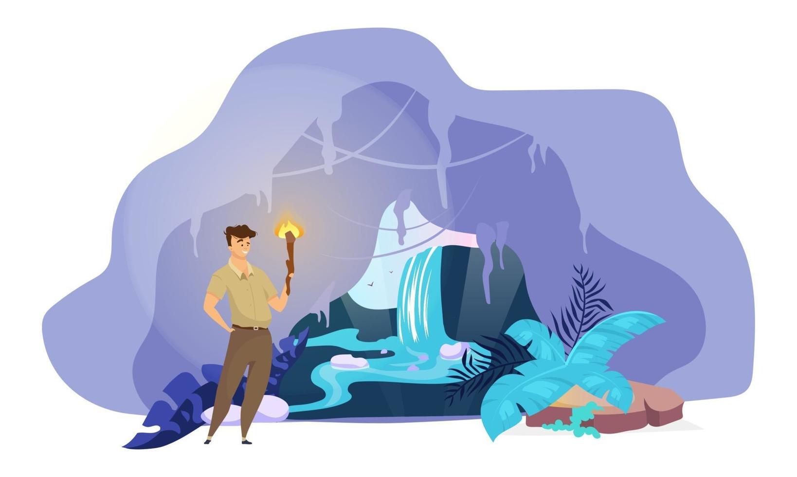 Explorer flat vector illustration. Man discover hidden waterfall. Male search inside mountain tunnel. Boy stand with torch in cave. Fantastical nature scene. Tourist cartoon character