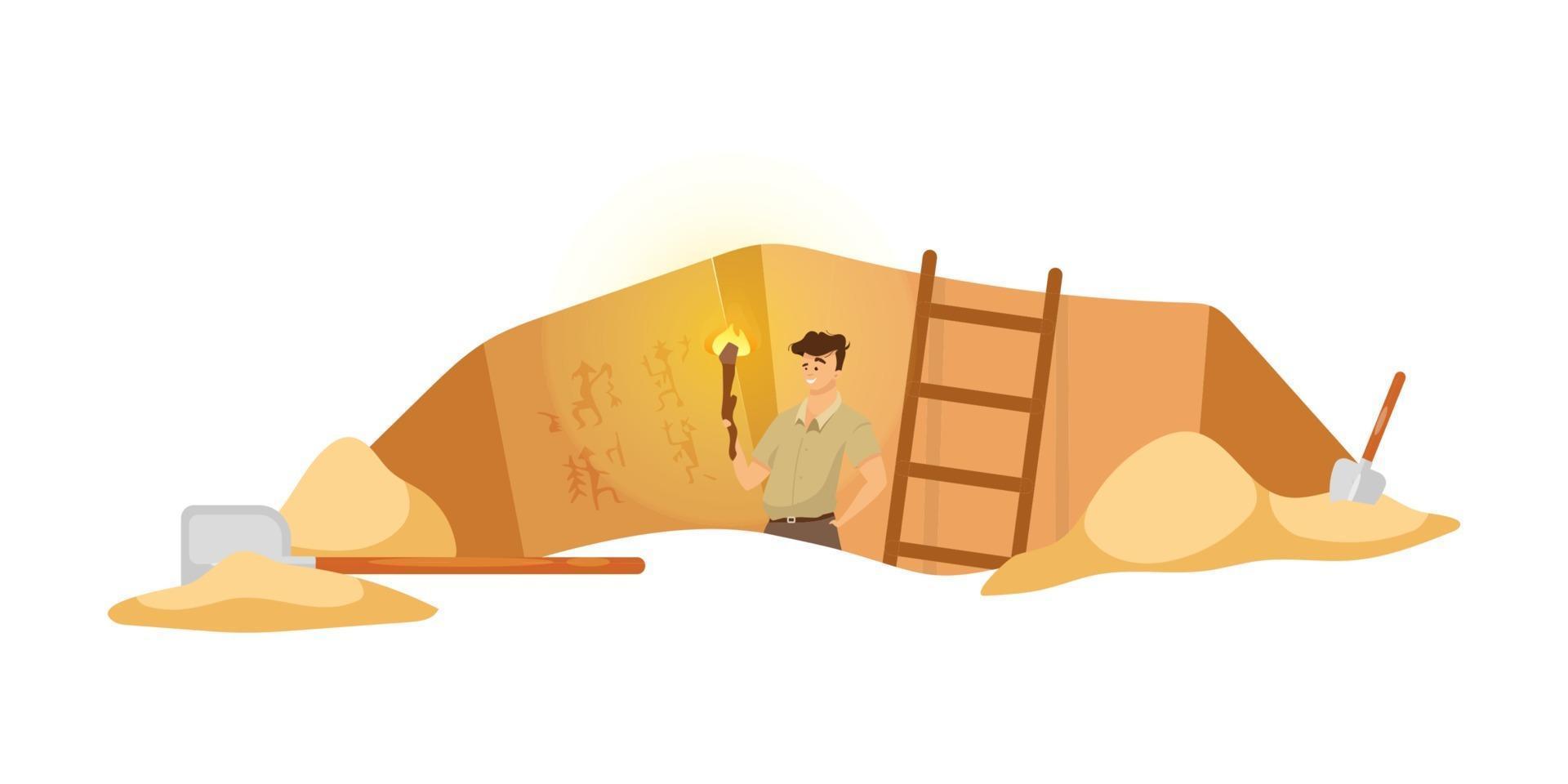 Excavation flat vector illustration. Male researcher on archeological site, man observe mural paintings. Egyptian wall pictures discovery. Ground hole in Africa. Expedition cartoon background