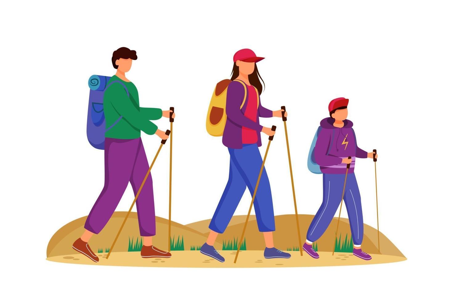 Budget tourism flat vector illustration. Hiking activity. Cheap travelling choice. Active vacation. Family on a mountain trip. Walking tour isolated cartoon character on white background