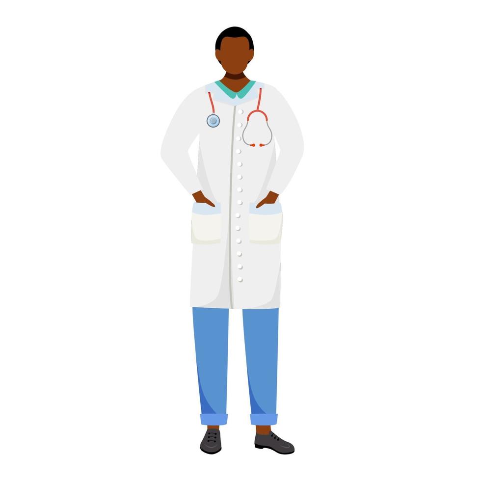 Ilustración de vector plano médico afroamericano. médico de piel oscura con estetoscopio. especialista médico, médico generalista en personaje de dibujos animados de bata blanca. médico, médico aislado en blanco