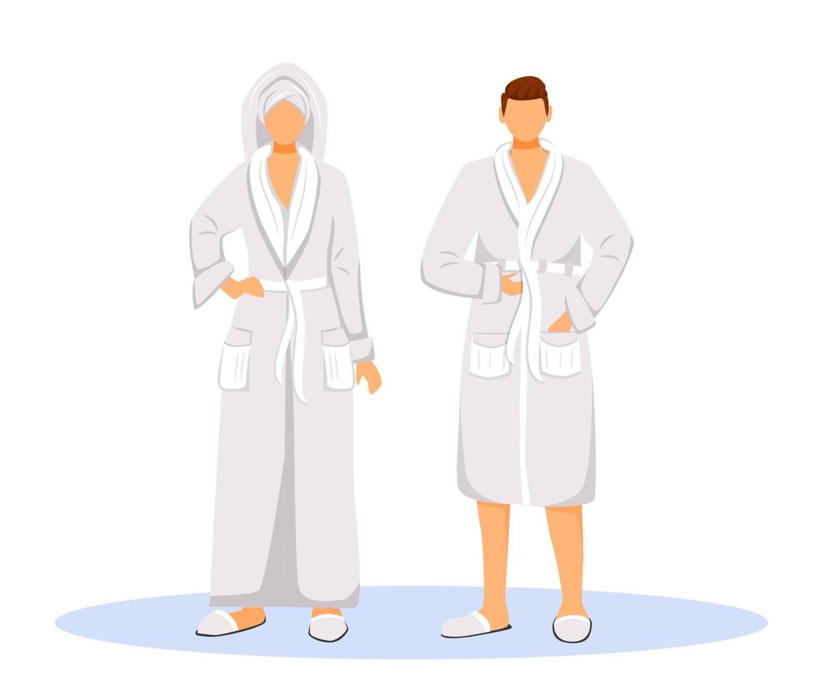 Hotel guests wearing bathrobes flat color vector illustration. Woman with towel on head and man. Couple in robes. People after shower isolated cartoon characters on white background