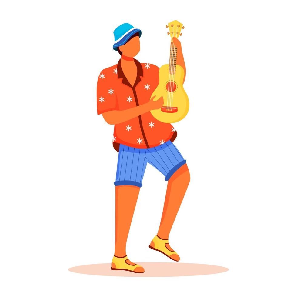 Standing male playing ukulele flat color vector faceless character. Latino man in shirt and shorts. Traditional music. Brazilian carnival isolated illustration for web graphic design and animation