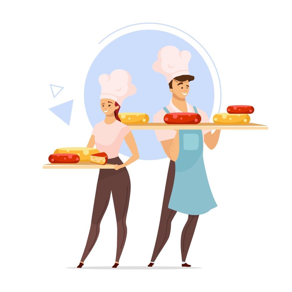 par de quesos ilustración vectorial de color plano. producción de queso. elaboración de queso. industria de alimentos. hombre y mujer con bandejas. producto lácteo. personaje de dibujos animados aislado sobre fondo blanco vector