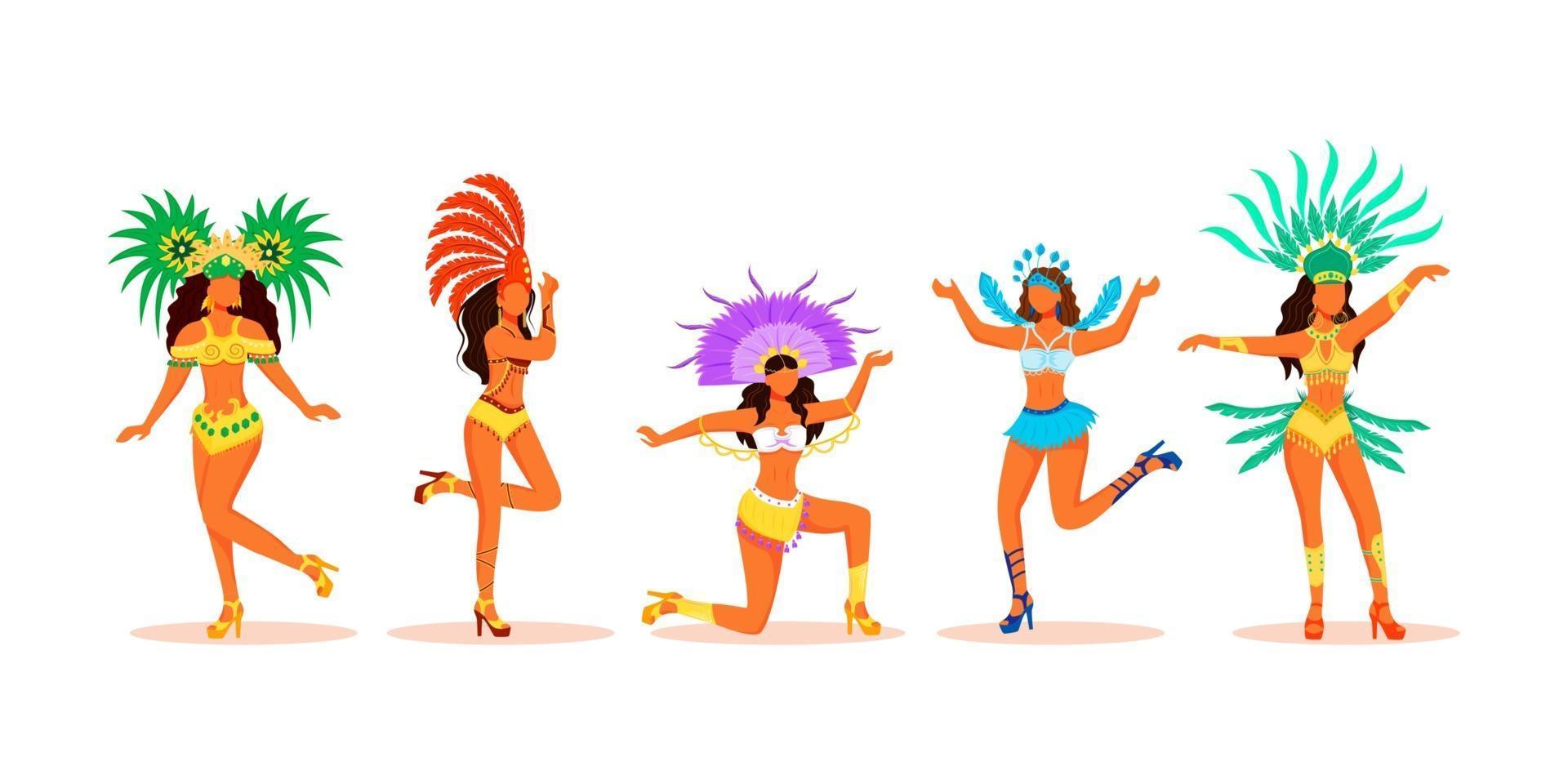 Conjunto de caracteres sin rostro de vector de color plano de bailarines de carnaval de Brasil. damas latinas en disfraces de carnaval. Mujeres en trajes festivos con tocados flambotantes ilustraciones de dibujos animados sobre fondo blanco.