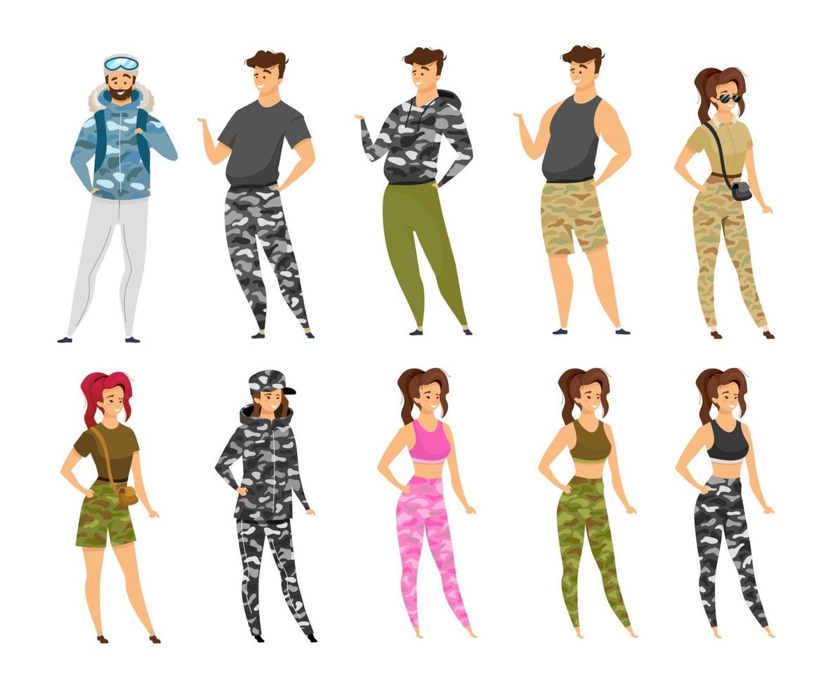 Expeditioners flat vector illustrations set. Woman and man in camouflage uniform. Backpackers in khaki clothes. Explorers in military style fashion. Tourists isolated cartoon characters