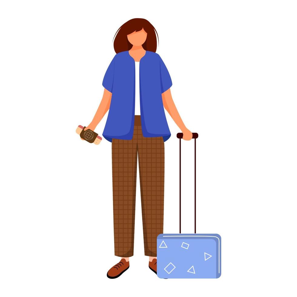 Girl tourist with suitcase and boarding pass flat contour vector illustration. Woman going on trip. Budget tourism. Travelling abroad isolated cartoon outline character on white background