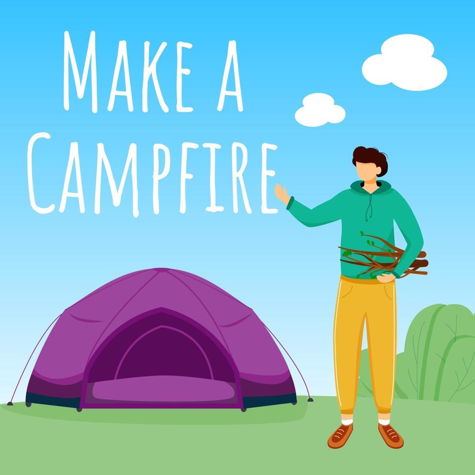 Make campfire social media post mockup. Camping in forest. Active vacation. Advertising web banner design template. Booster, content layout. Promotion poster, print ads with flat illustrations vector