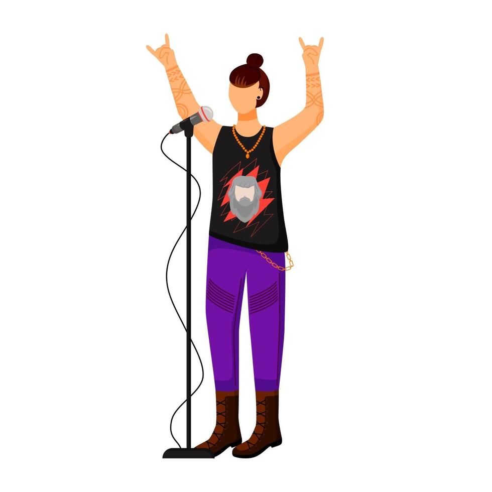 Rock band singer flat color vector illustration. Lead vocalist. Frontman. Musician. Music group member. Person with microphone. Concert, festival. Isolated cartoon character on white background