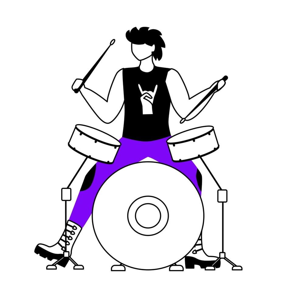 Ilustración de vector de contorno plano de baterista. baterista. músico. miembro de la banda de música punk. rock and roll. hombre con instrumento musical. Curro. personaje de contorno de dibujos animados aislado en blanco. dibujo simple