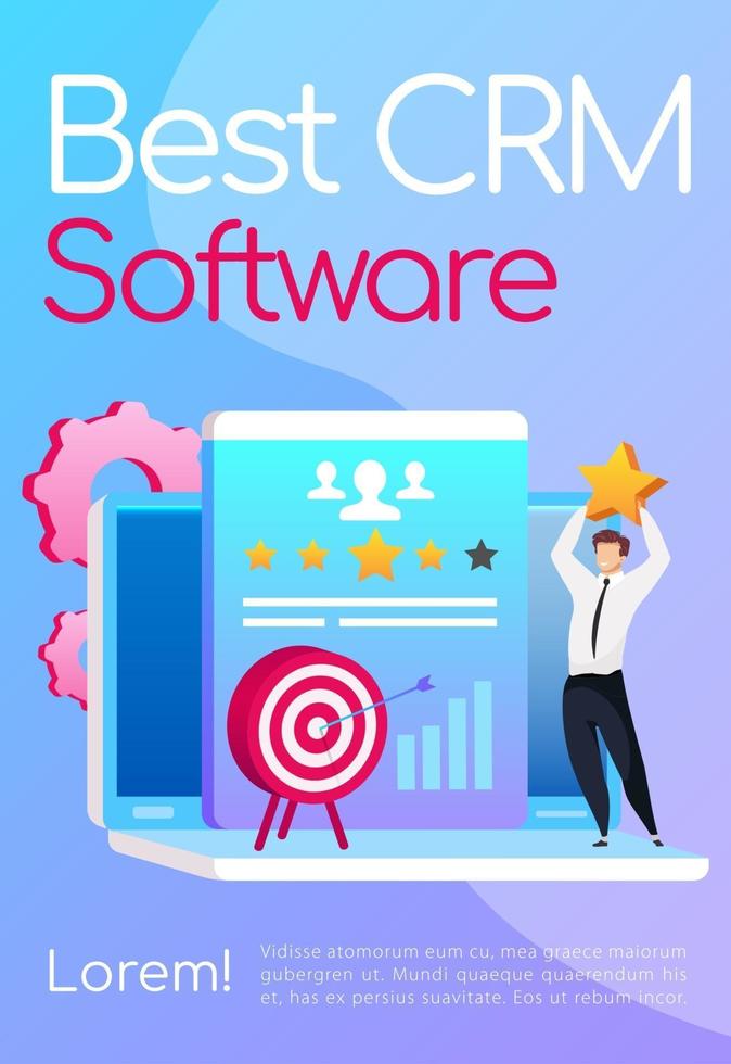 Best CRM software poster flat vector template. Businessman keeps star. Arrow in target. Brochure, booklet one page concept design with cartoon characters. Marketing automation flyer, leaflet