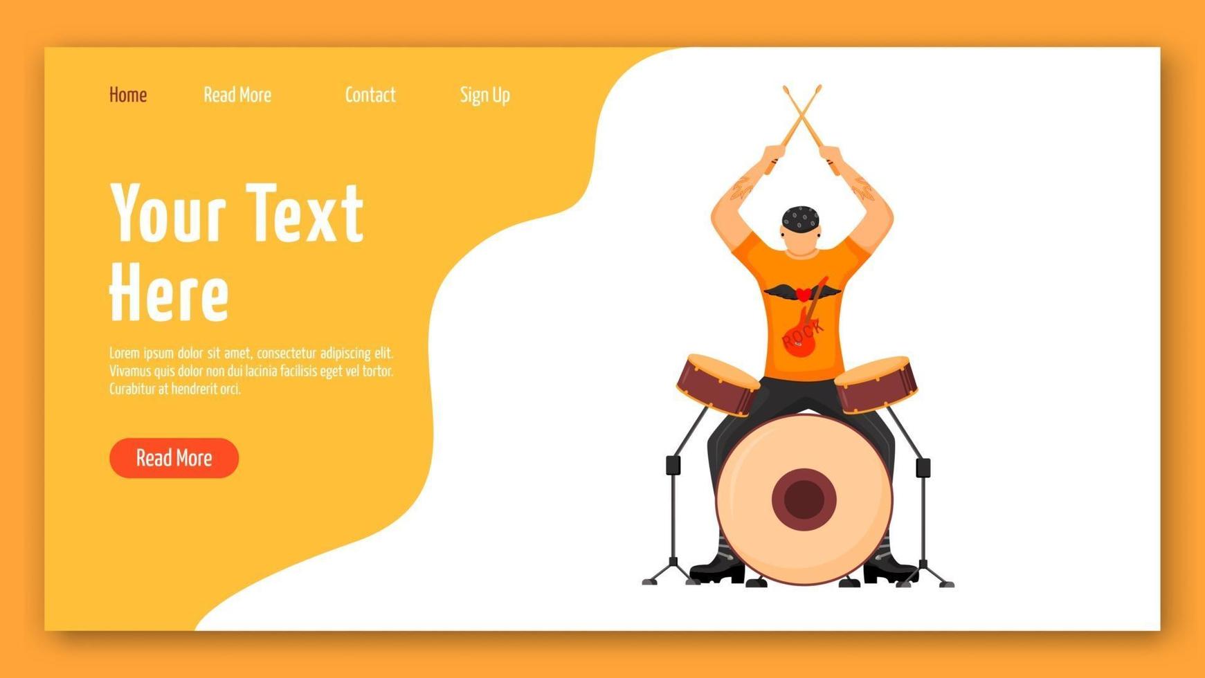 Drummer landing page vector template. Drum player website interface idea with flat illustrations. Musician homepage layout. Rock and roll. Rock music band member web banner, webpage cartoon concept