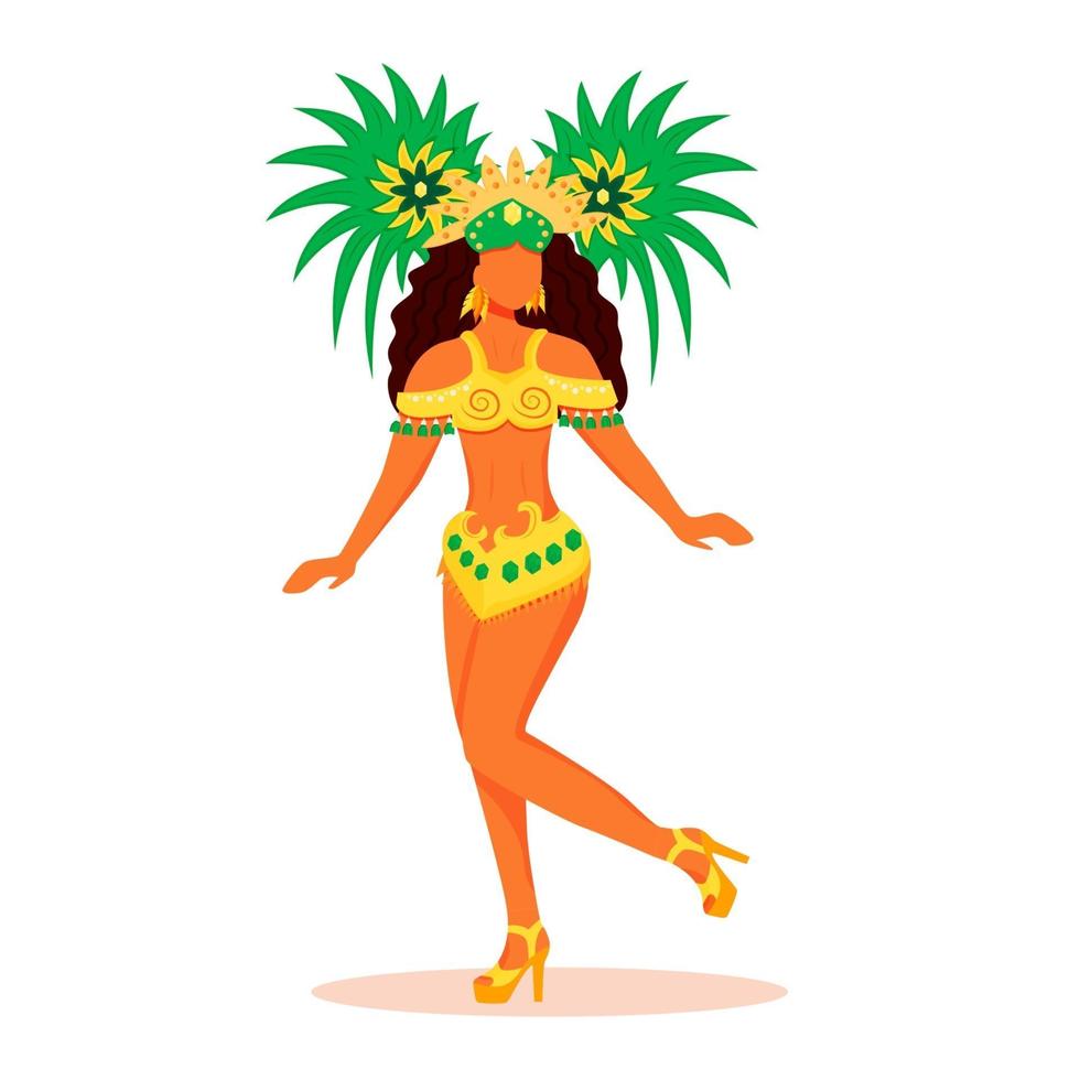 Carnaval de Brasil personaje sin rostro de vector de color plano. dama en traje de carnaval. desfile de disfraces. mujer de pie en tocado festivo aislado ilustración de dibujos animados para diseño gráfico y animación