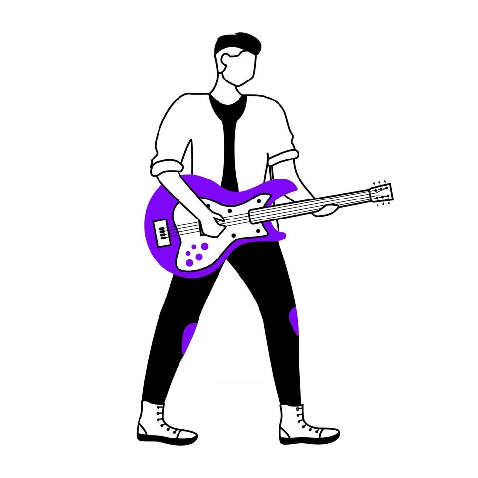 Guitarist flat contour vector illustration. Guitar player. Musician. Music band member. Rock and roll. Man with musical instrument. Gig. Isolated cartoon outline character on white. Simple drawing