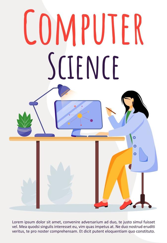 Computer science poster vector template. Scientist using modern technologies for research. Brochure, cover, booklet concept design with flat illustrations. Advertising flyer, banner layout idea