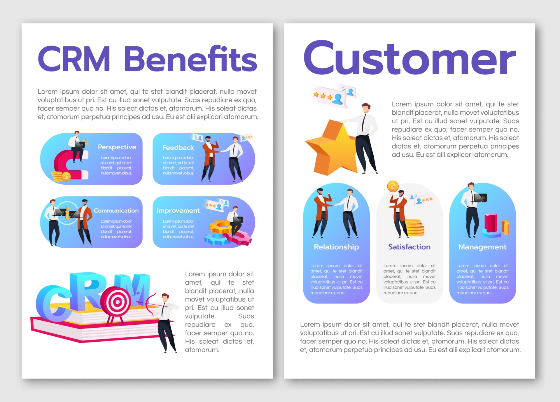 CRM benefits flat vector brochure template. Perspective and feedback CRM benefits flat vector brochure template. Perspective and feedback