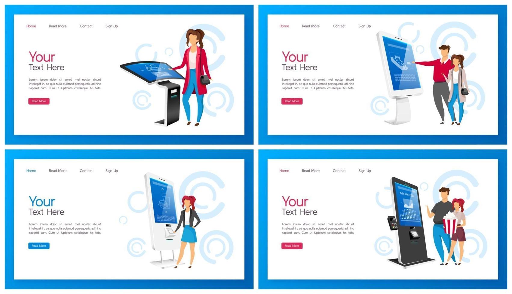 Interactive self order kiosk landing page vector template set. Modern electronic display website interface idea with flat illustrations. Commercial internet panel with touchscreen homepage layout