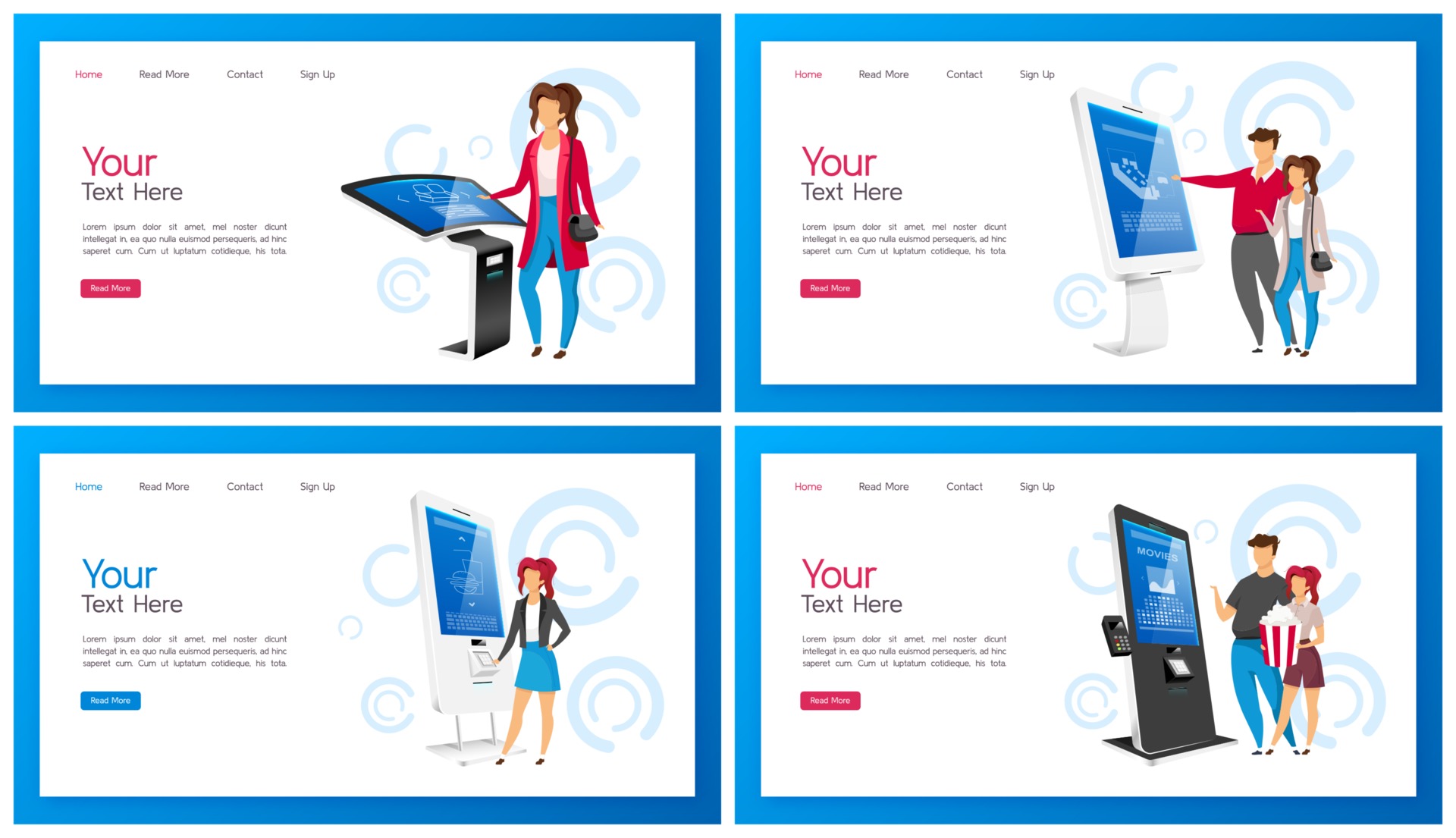 Interactive self order kiosk landing page vector template set. Modern