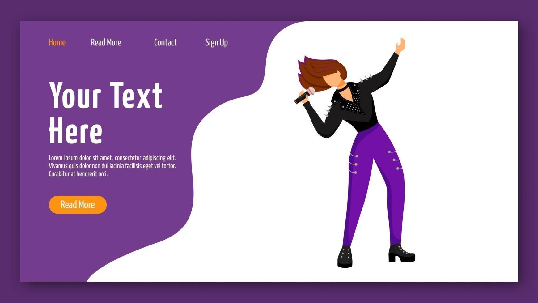Female singer landing page vector template. Lead vocalist website interface idea with flat illustrations. Musician. Frontwoman homepage layout. Music band member web banner, webpage cartoon concept