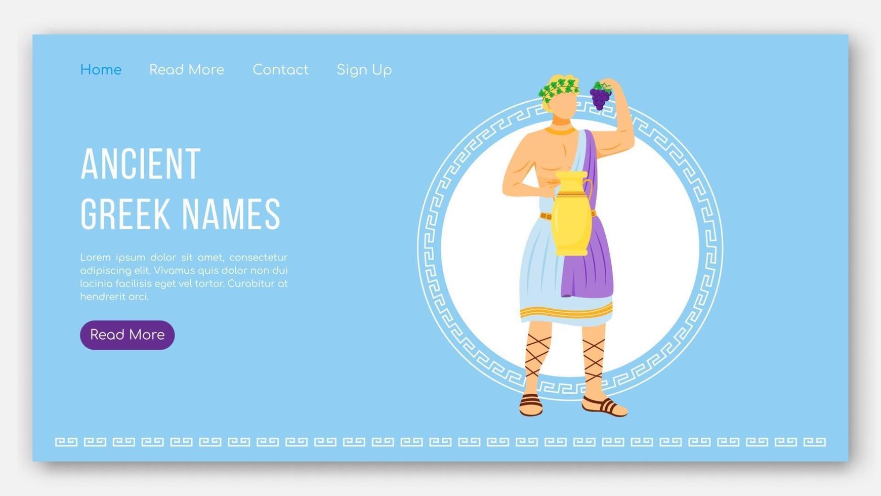 Ancient greek names landing page vector template. Greek pantheon. Mythology tradition website interface idea with flat illustrations. Homepage layout, web banner, webpage cartoon concept