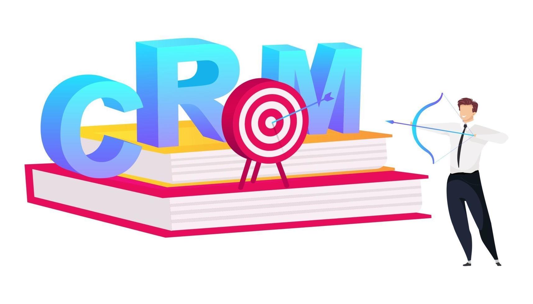 Customer relationship management flat concept vector illustration. Businessman shoots bow 2D cartoon character for web design. Smiling man in official wear. Target with arrow on books creative idea