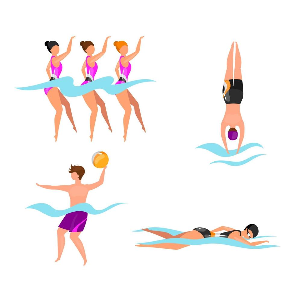 Conjunto de ilustraciones vectoriales planas de deportes acuáticos extremos. Atletas de natación sincronizada. hombre jugando voleibol en el agua. nadadores en piscina, mar, océano. personajes de dibujos animados aislados de estilo de vida activo vector
