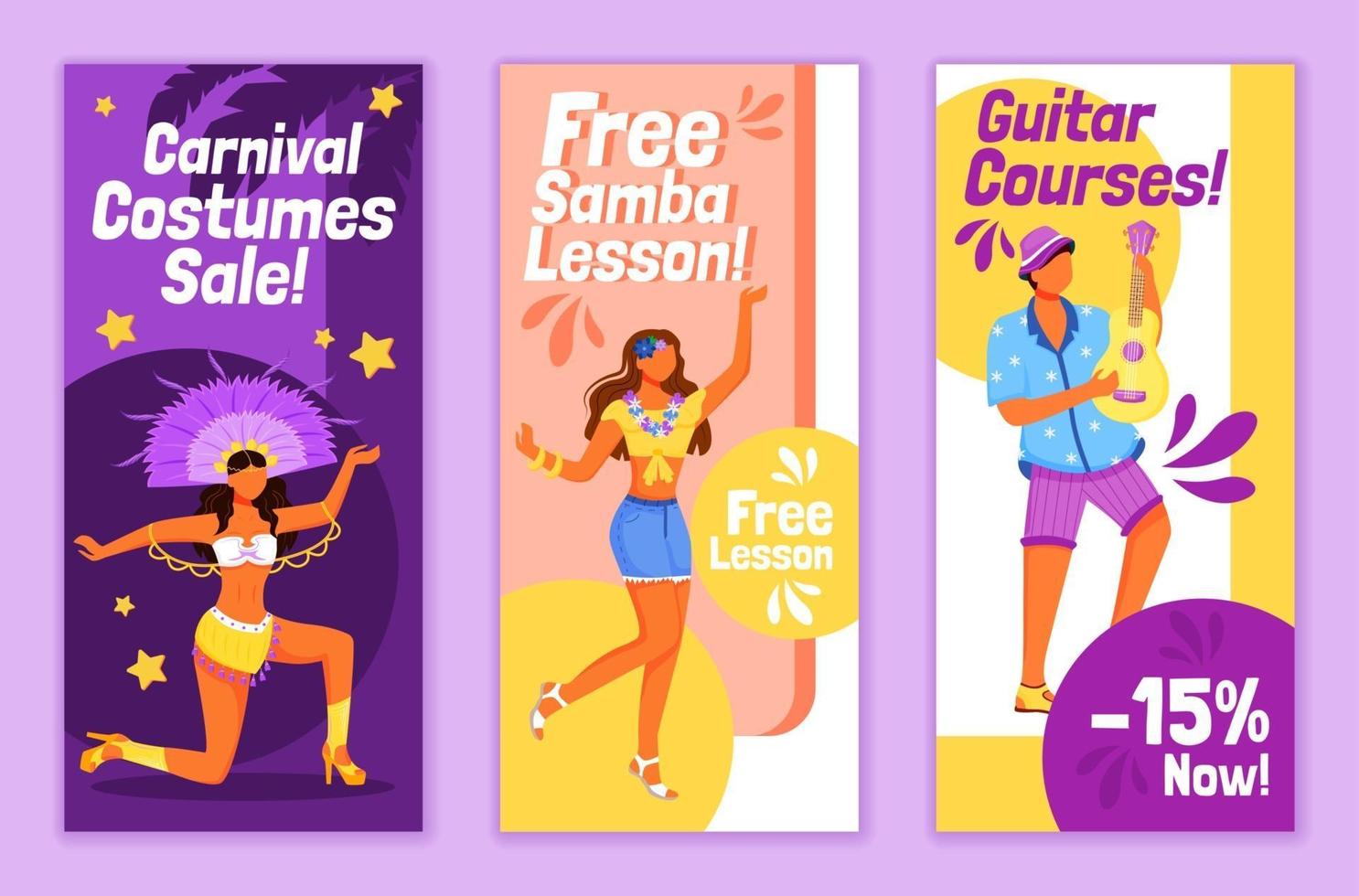 Brazilian carnival flyers flat vector templates set. Free samba lesson printable leaflet design layout. Festive costumes sale. Gitar courses advertising web vertical banner, social media stories