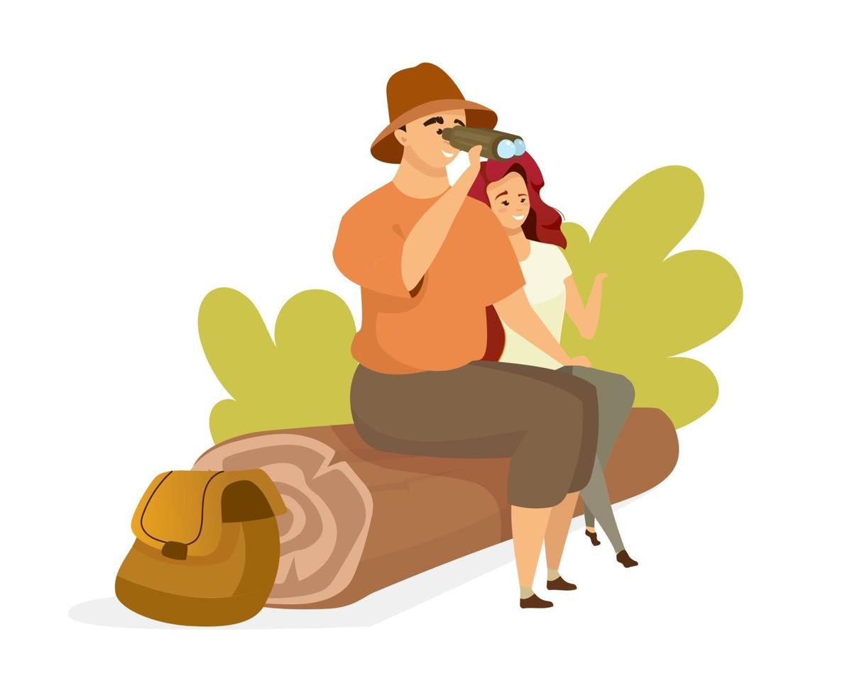 Tourist couple flat color vector illustration. People sitting on tree log. Male backpacker watching through binoculars. Female hiker. Man and woman isolated cartoon character on white background