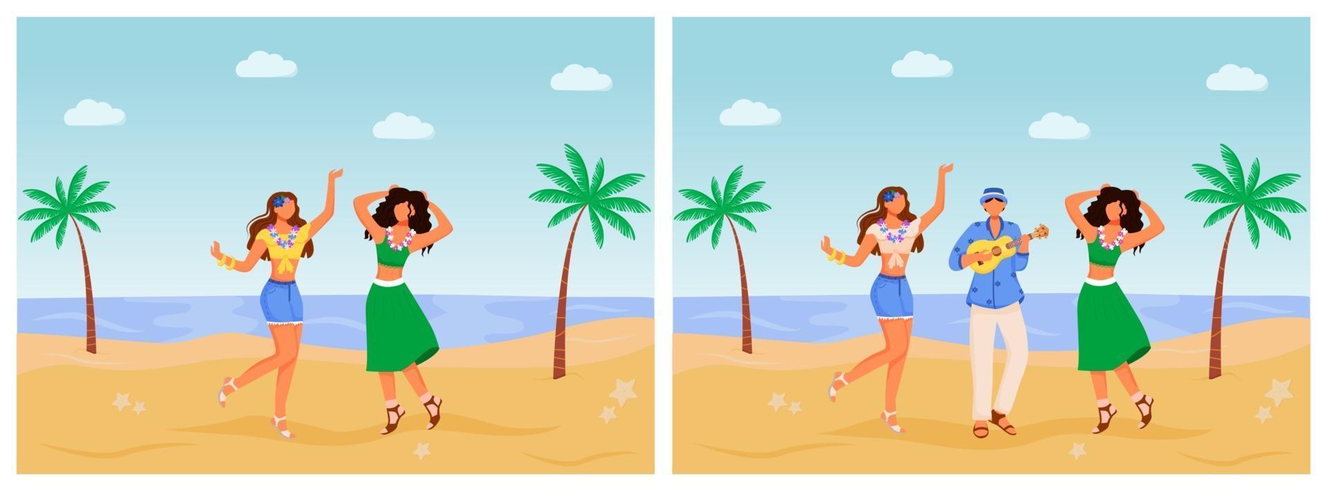 Conjunto de ilustraciones vectoriales de color plano de carnaval de Brasil. celebración nacional. festival étnico. fiesta tradicional. Músico de pie con bailarinas personajes de dibujos animados en 2d con mar de fondo vector