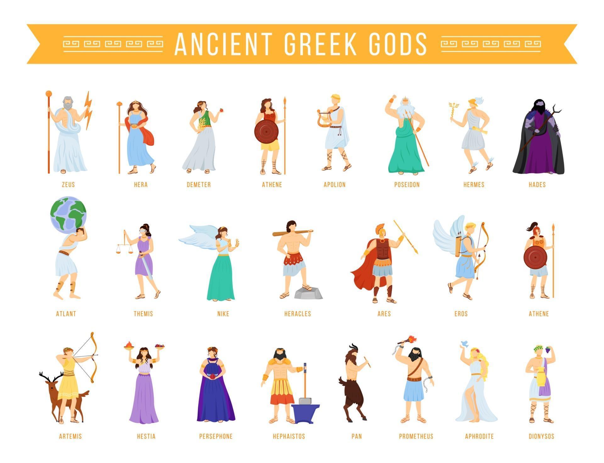 Personnages De La Mythologie Grecque Ancient Greek pantheon gods and goddesses flat vector illustrations set